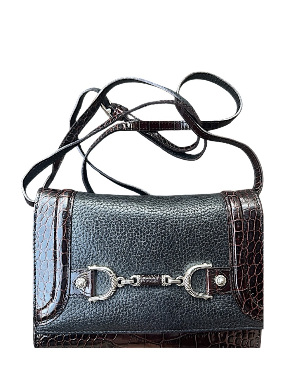Brighton Vintage Croc Embossed Leather Crossbody Messenger Bag Purse Organizer